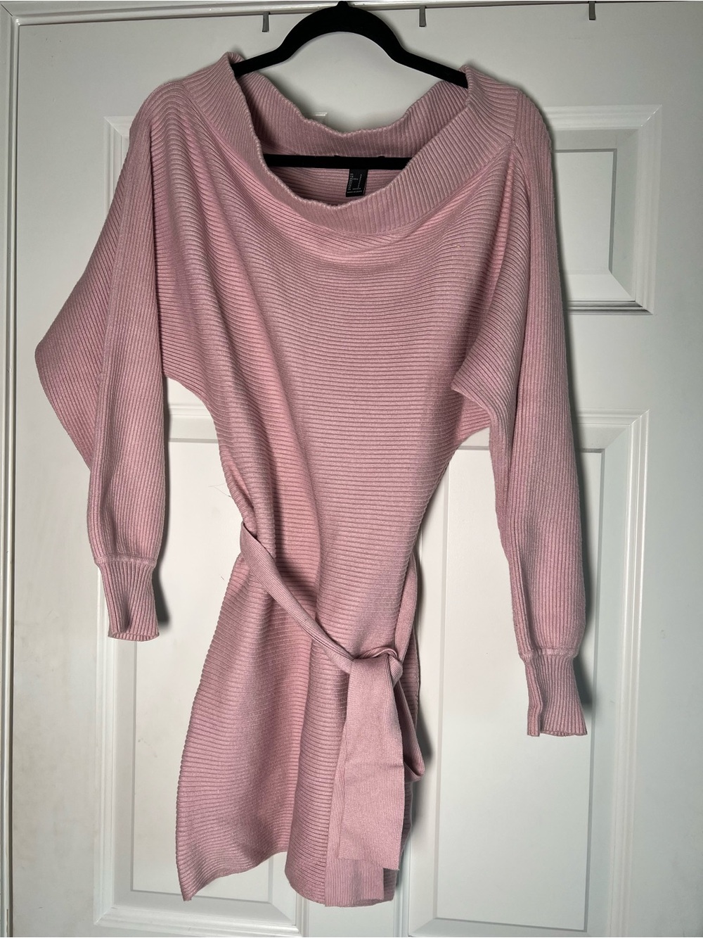 Forever 21 Pink Off-Shoulder Ribbed Sweater Dress with Tie Belt